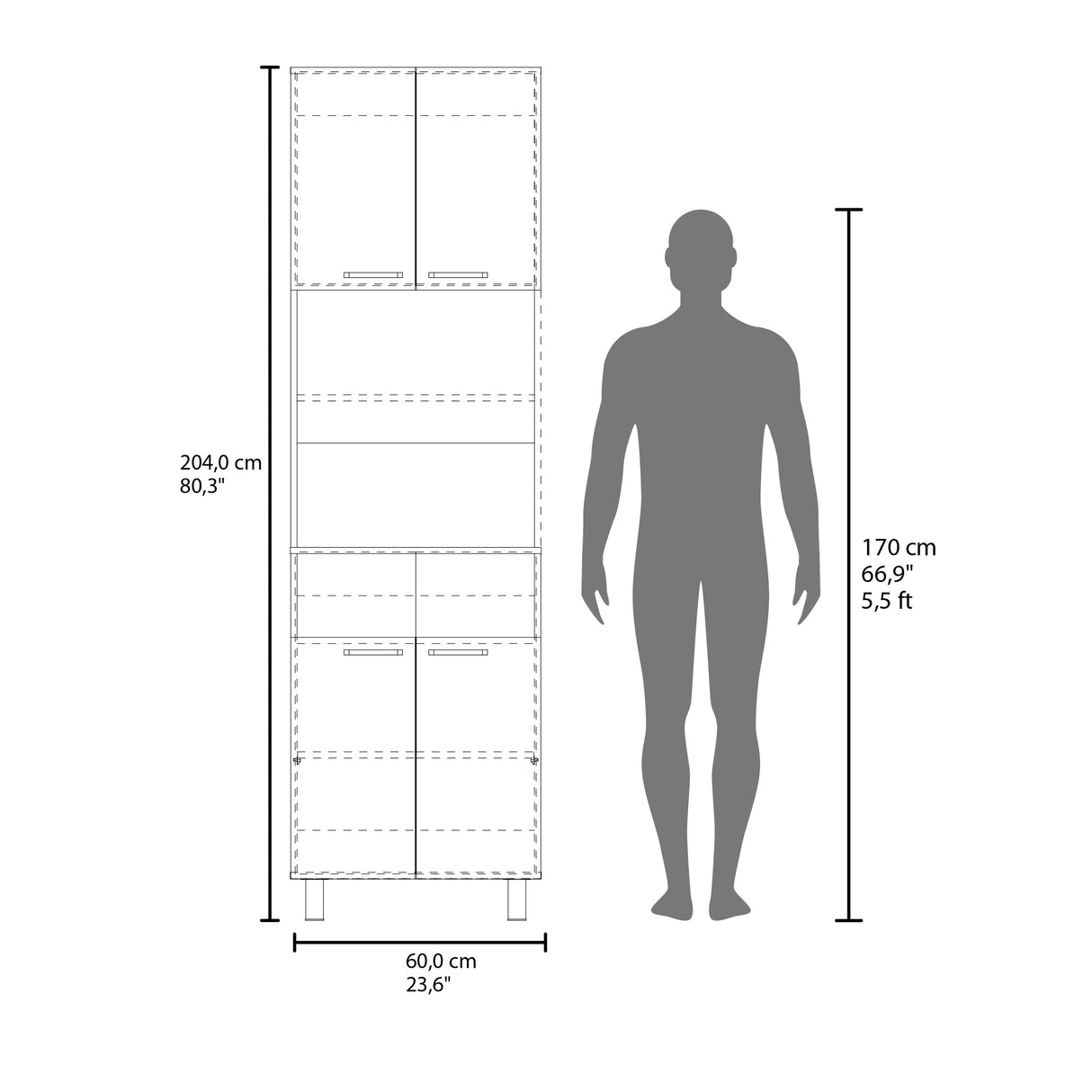 Alacena Otomo Wengue y Bardolino 60x204cm sin Cajones y con Cuatro Puertas - ALACENAS Y MUEBLES MICROONDAS | Bylmo