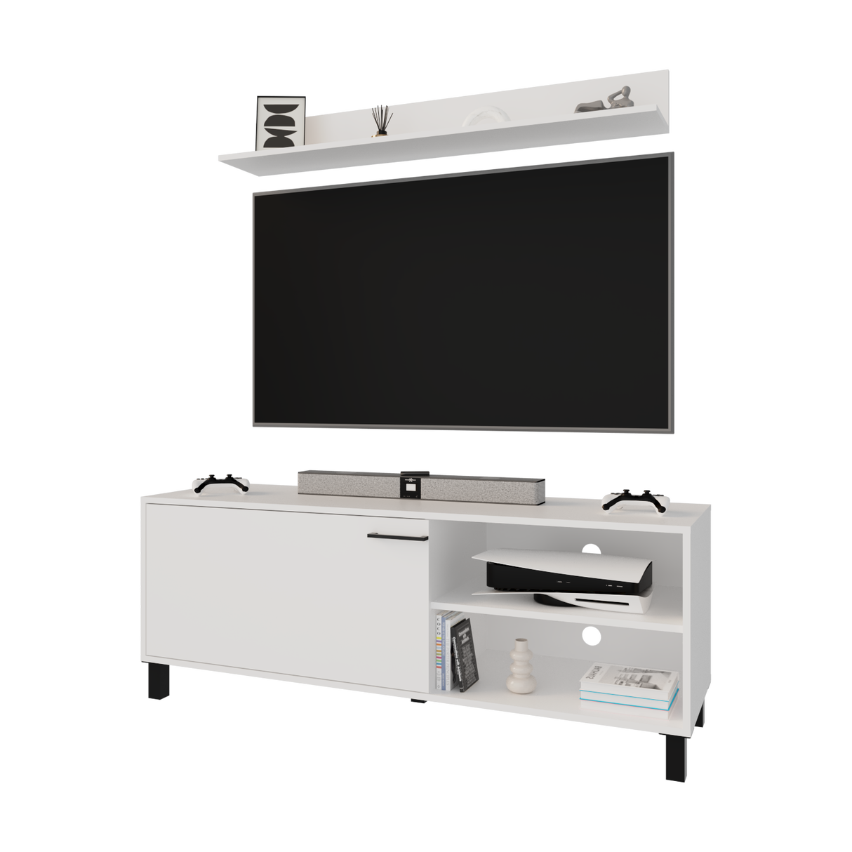 Mesa para TV Bryce Blanco 140x53cm Pata TV Hasta 60 Pulgadas con Tres Compartimientos - MUEBLES DE TV | Bylmo