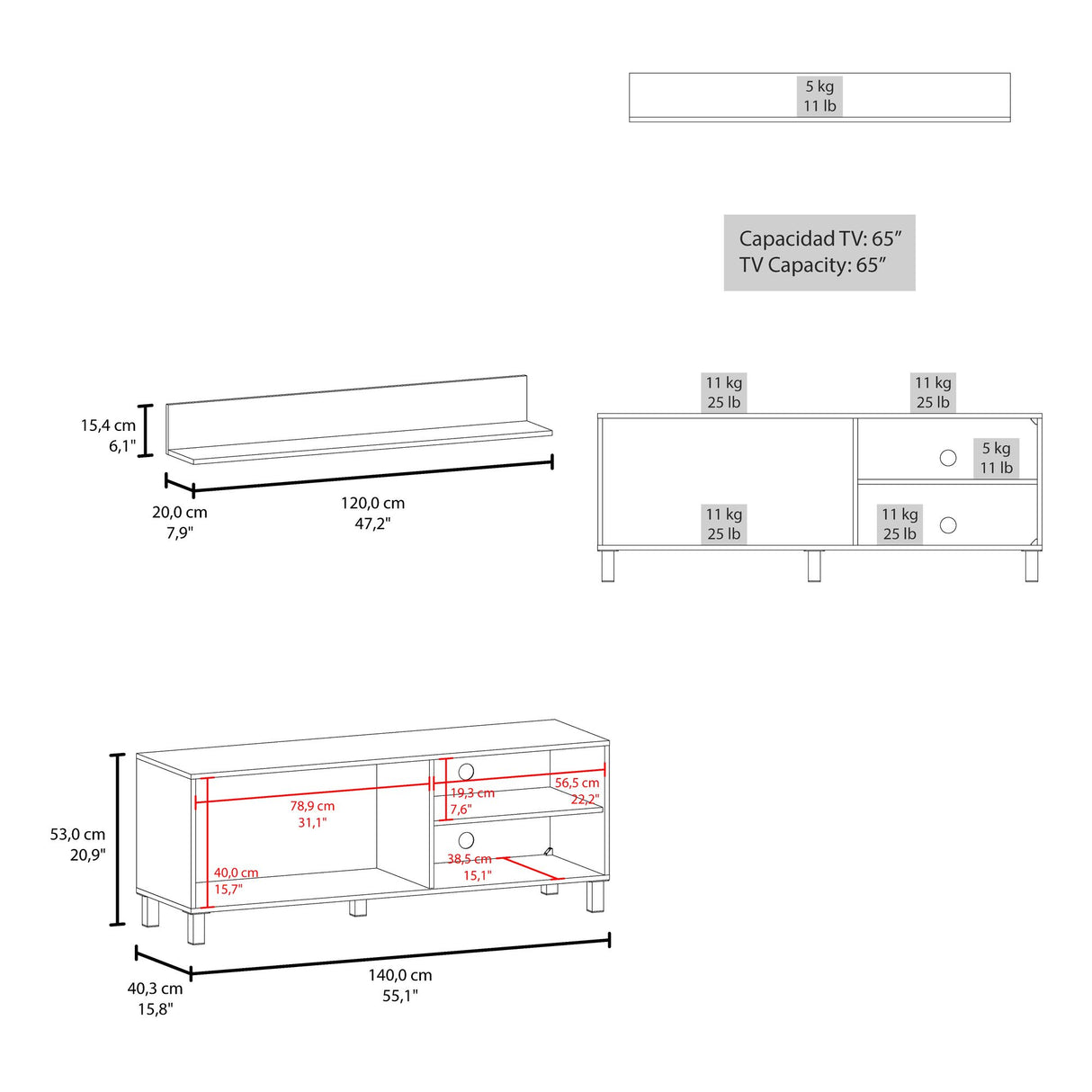 Mesa para TV Bryce Blanco 140x53cm Pata TV Hasta 60 Pulgadas con Tres Compartimientos - MUEBLES DE TV | Bylmo