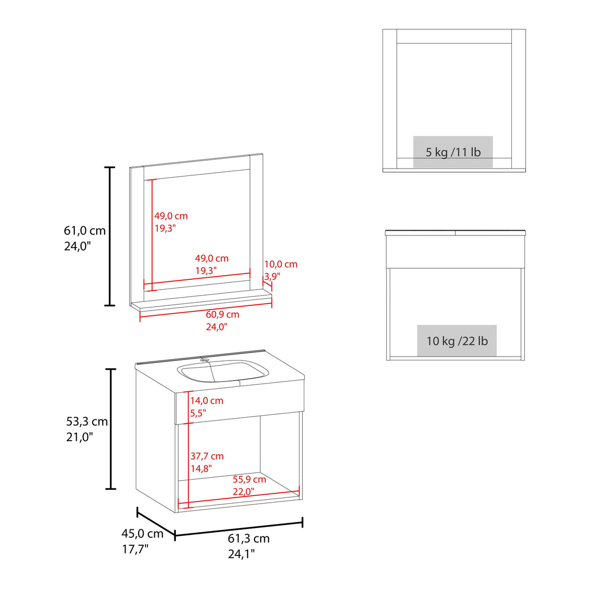 Set Mueble para Lavamanos con Espejo Flotante Blake Blanco 61.3x53.3cm Individual con Lavamanos - MUEBLES PARA LAVAMANOS | Bylmo