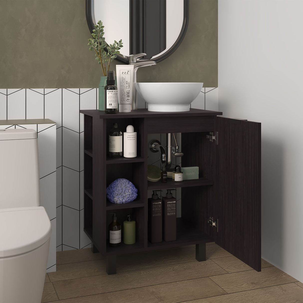 Mueble para Lavamanos Alegra Wengue 62x88.4cm Individual con Lavamanos Vessel y sin Cajones - MUEBLES PARA LAVAMANOS | Bylmo