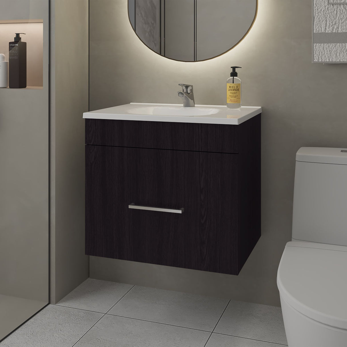 Mueble para Lavamanos Hatta Wengue 59x52cm Individual Flotante con Lavamanos Integrado y con Un Cajón - MUEBLES PARA LAVAMANOS | Bylmo