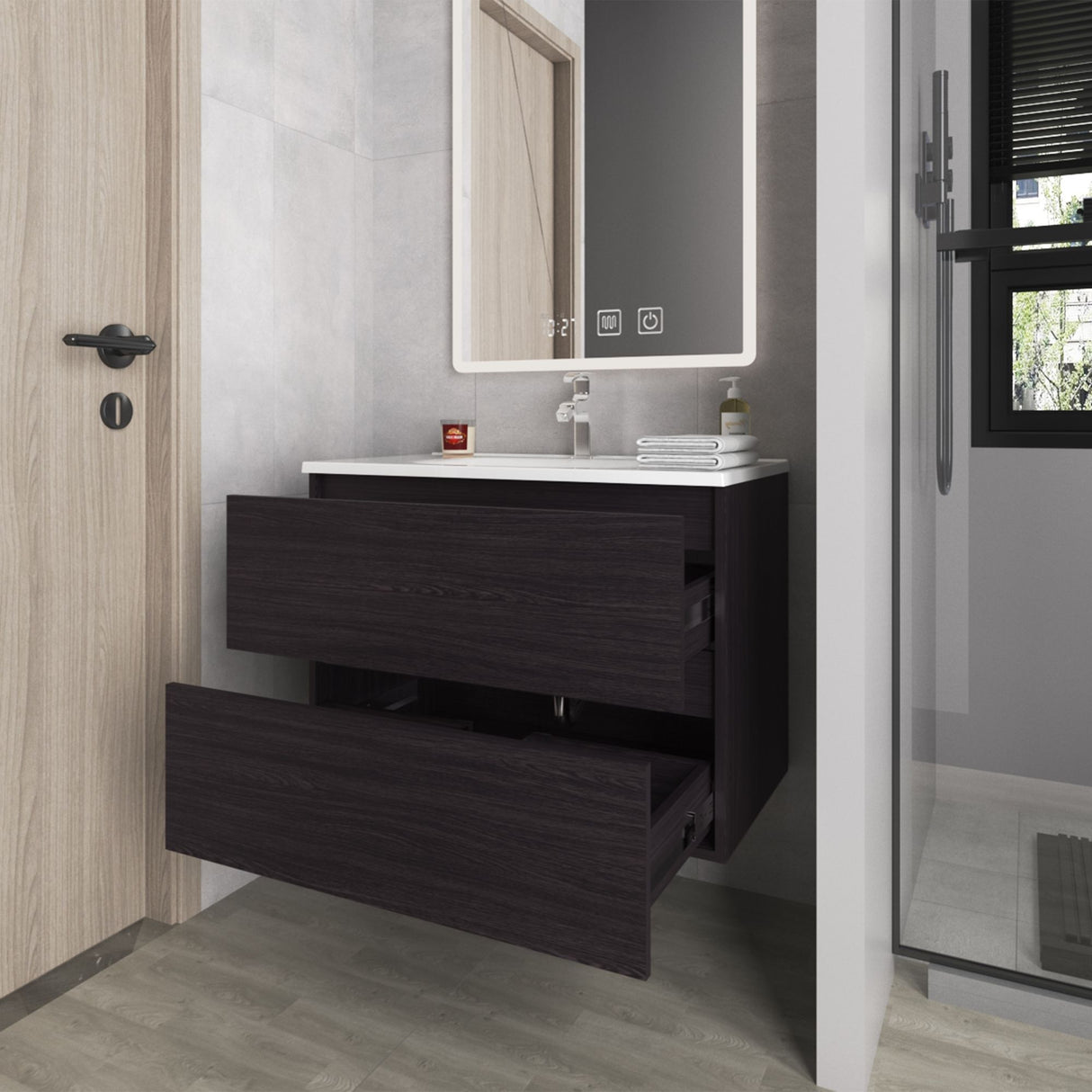 Mueble para Lavamanos Opalo Wengue 80x56.8cm Individual Flotante con Lavamanos Integrado y con Dos - MUEBLES PARA LAVAMANOS | Bylmo