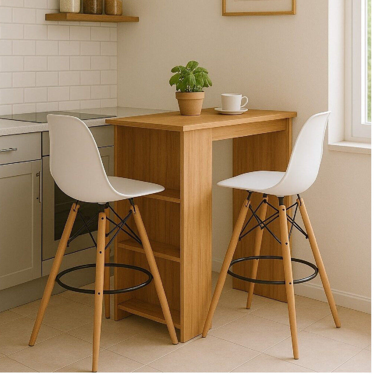 Combo Barra de Cocina Madrid Fresno y Blanco 100x101cm con Tres Entrepaños y con Dos Sillas Bar Eames - BARRAS Y MUEBLES AUXILIARES | Bylmo