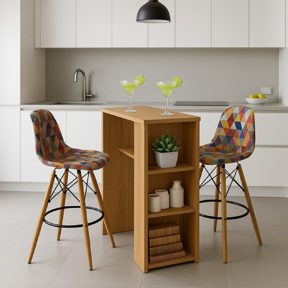Combo Barra de Cocina Madrid Fresno y Colors 100x101cm con Tres Entrepaños y con Dos Sillas Bar Eames - BARRAS Y MUEBLES AUXILIARES | Bylmo