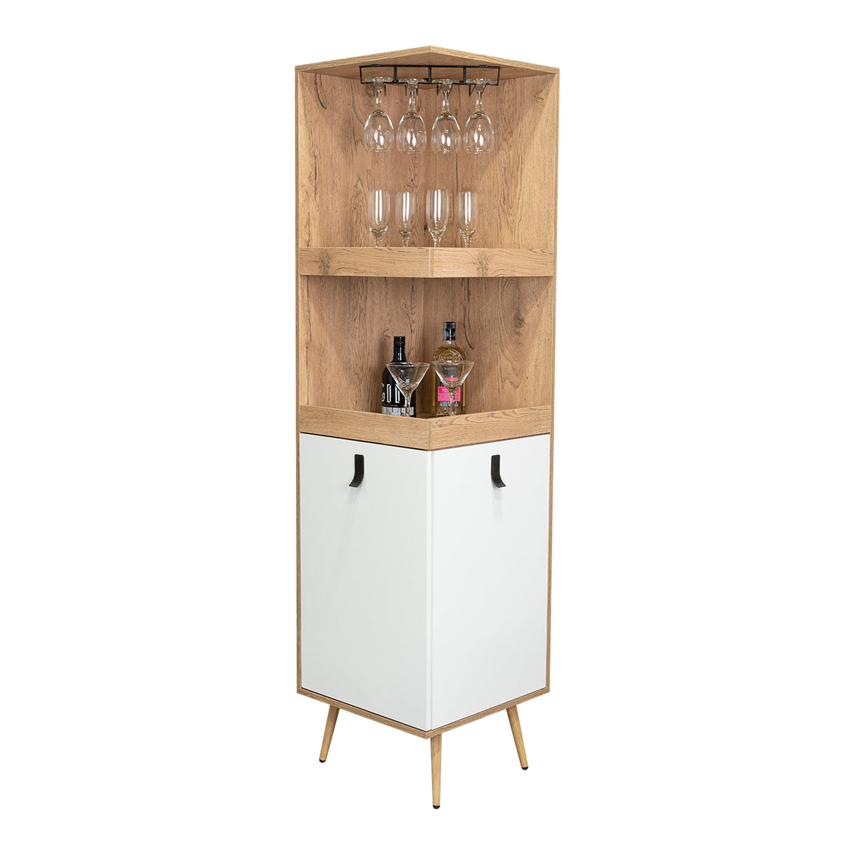 Bar Esquinero Huna Macadamia 46.9x46.9cm con Cuatro Portacopas y Seis Portabotellas - BARES | Bylmo