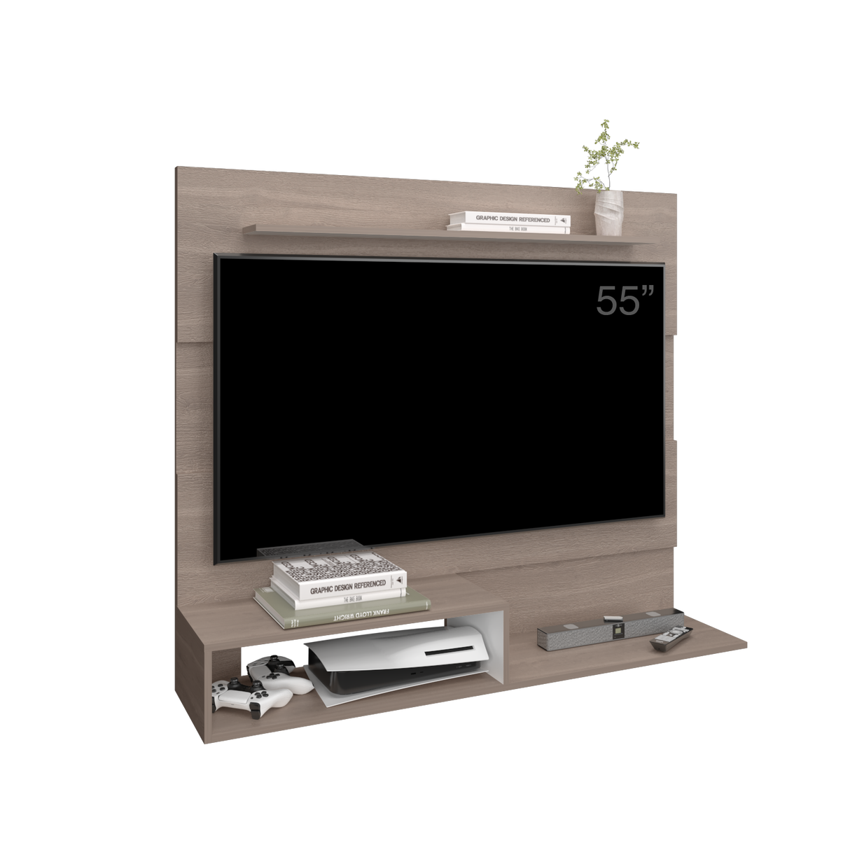 Panel de TV Beijing Bardolino y Blanco 140x120cm Para TV Hasta 55 Pulgadas con Cinco Compartimientos - MUEBLES DE TV | Bylmo