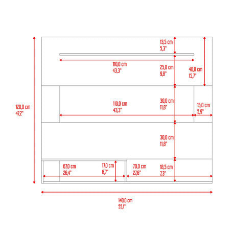 Panel de TV Beijing Bardolino y Blanco 140x120cm Para TV Hasta 55 Pulgadas con Cinco Compartimientos - MUEBLES DE TV | Bylmo