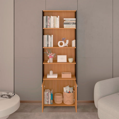 Biblioteca Lisa Fresno y Wengue 63x180.6cm Rectangular con Dos Puertas con Cinco Compartimientos y con Cuatro Entrepaños
