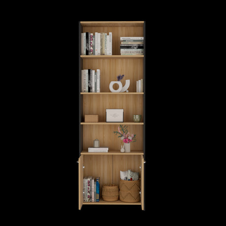 Biblioteca Lisa Fresno y Wengue 63x180.6cm Rectangular con Dos Puertas con Cinco Compartimientos y con Cuatro Entrepaños - BIBLIOTECAS Y ESTANTERIAS | Bylmo
