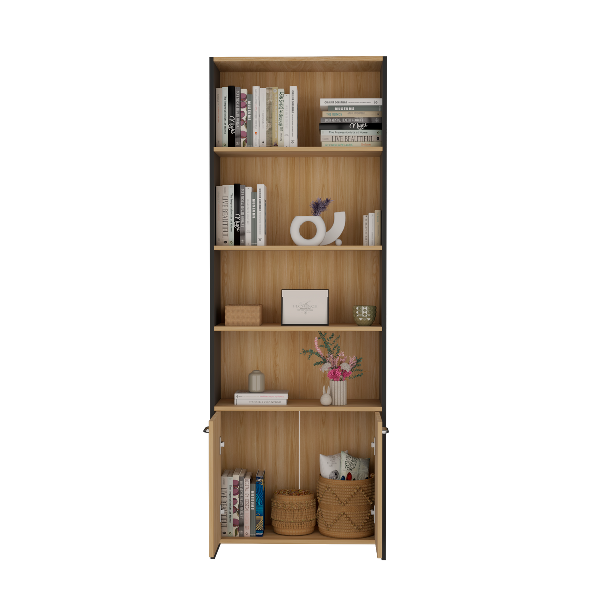 Biblioteca Lisa Fresno y Wengue 63x180.6cm Rectangular con Dos Puertas con Cinco Compartimientos y con Cuatro Entrepaños