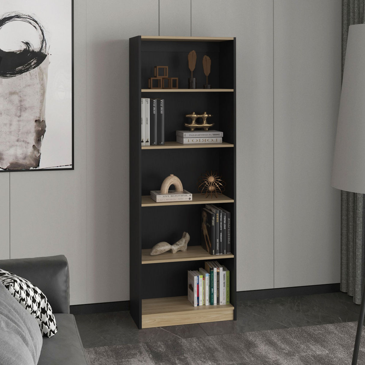 Estantería Home Wengue y Fresno 62.8x180.6cm Rectangular con Cinco Compartimientos y con Cuatro Entrepaños - BIBLIOTECAS Y ESTANTERIAS | Bylmo