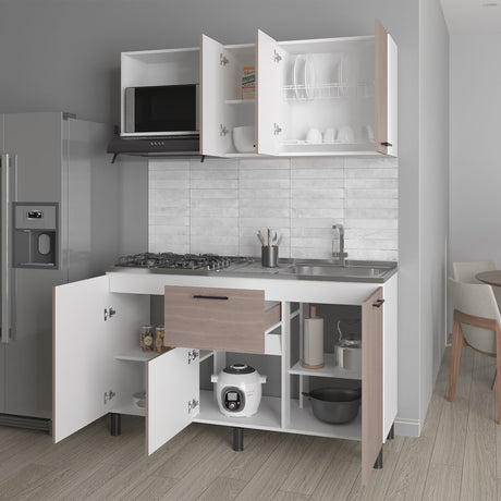 Cocina Paoli Bardolino y Blanco 150x60cm con Mesón de Acero Inoxidable y con Pozuelo Lado Derecho - COCINAS | Bylmo