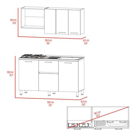 Cocina Paoli Bardolino y Blanco 150x60cm con Mesón de Acero Inoxidable y con Pozuelo Lado Derecho - COCINAS | Bylmo