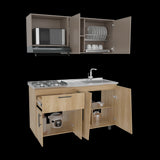 Cocina Emilia Fresno y Taupe 150x60.1cm con Mesón de Acero Inoxidable y con Pozuelo Lado Derecho - COCINAS | Bylmo