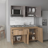 Cocina Emilia Fresno y Taupe 150x60.1cm con Mesón de Acero Inoxidable y con Pozuelo Lado Derecho - COCINAS | Bylmo