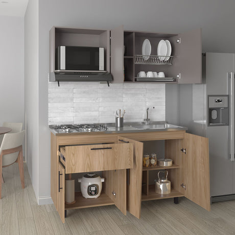Cocina Emilia Fresno y Taupe 150x60.1cm con Mesón de Acero Inoxidable y con Pozuelo Lado Derecho - COCINAS | Bylmo
