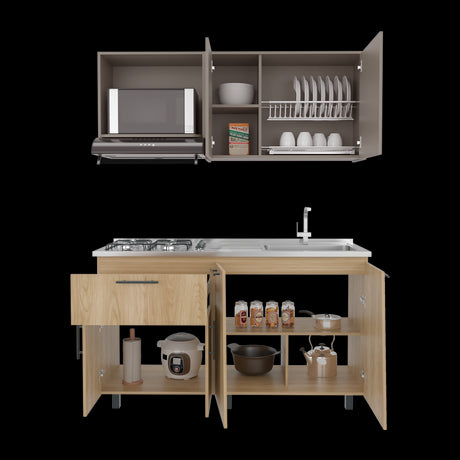 Cocina Emilia Fresno y Taupe 150x60.1cm con Mesón de Acero Inoxidable y con Pozuelo Lado Derecho - COCINAS | Bylmo