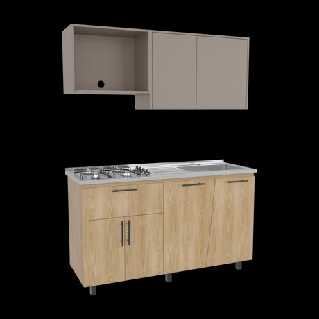 Cocina Emilia Fresno y Taupe 150x60.1cm con Mesón de Acero Inoxidable y con Pozuelo Lado Derecho - COCINAS | Bylmo