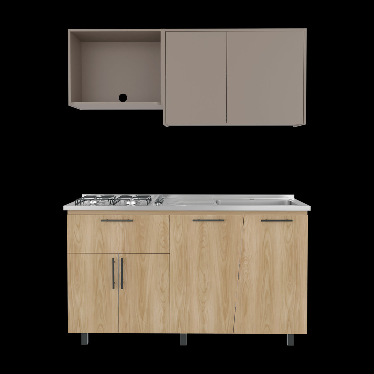 Cocina Emilia Fresno y Taupe 150x60.1cm con Mesón de Acero Inoxidable y con Pozuelo Lado Derecho - COCINAS | Bylmo