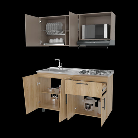 Cocina Emilia Fresno y Taupe 150x60.1cm con Mesón de Acero Inoxidable y con Pozuelo Lado Izquierdo - COCINAS | Bylmo