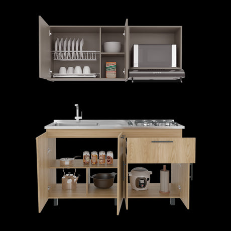 Cocina Emilia Fresno y Taupe 150x60.1cm con Mesón de Acero Inoxidable y con Pozuelo Lado Izquierdo - COCINAS | Bylmo