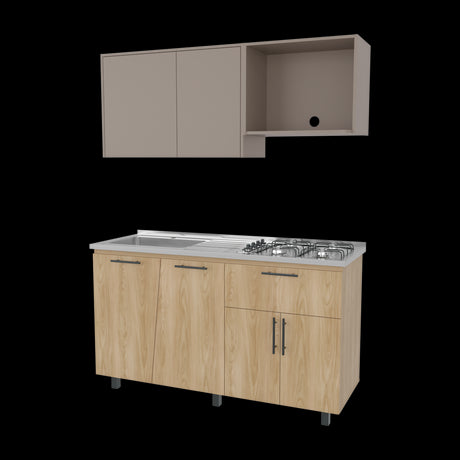 Cocina Emilia Fresno y Taupe 150x60.1cm con Mesón de Acero Inoxidable y con Pozuelo Lado Izquierdo - COCINAS | Bylmo