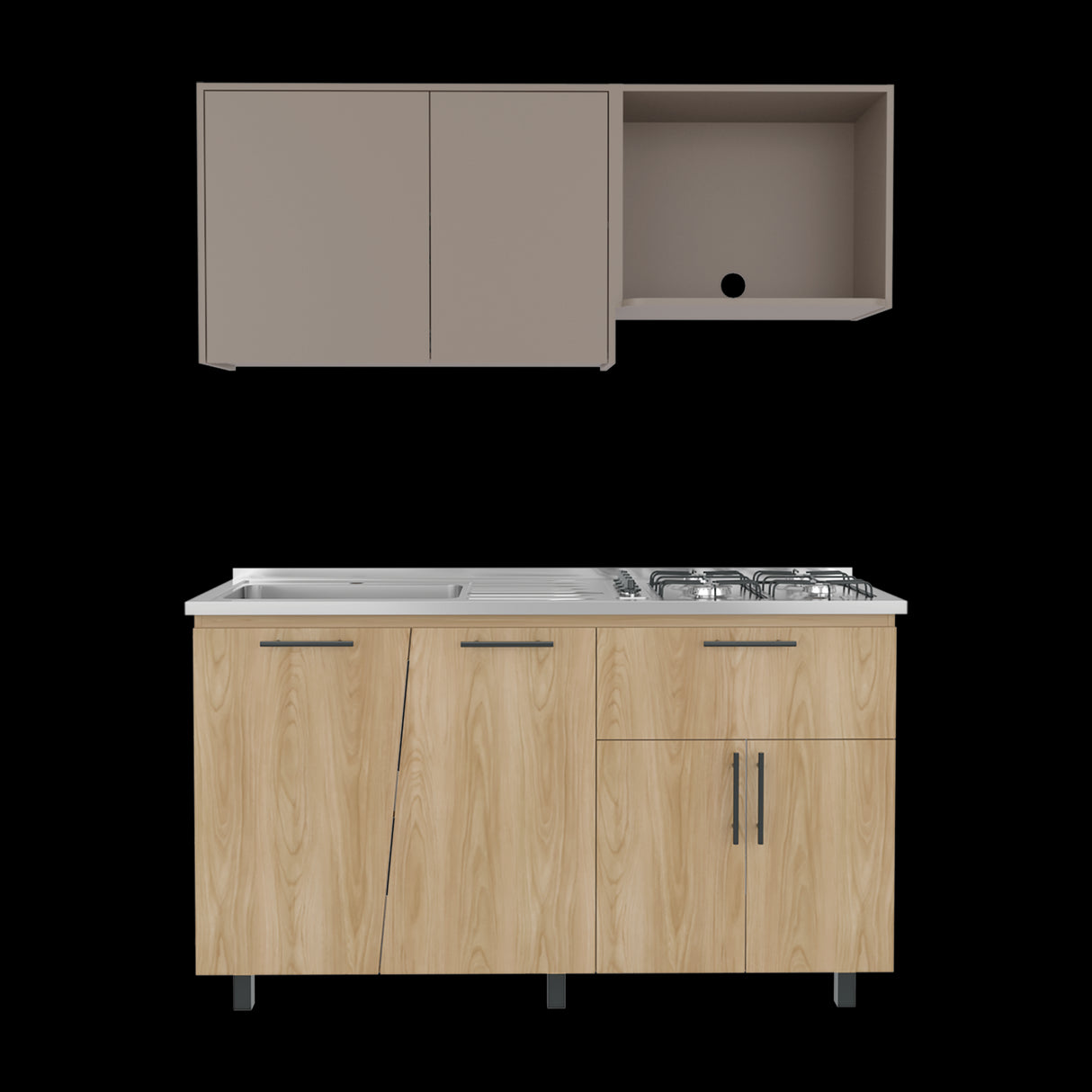 Cocina Emilia Fresno y Taupe 150x60.1cm con Mesón de Acero Inoxidable y con Pozuelo Lado Izquierdo - COCINAS | Bylmo