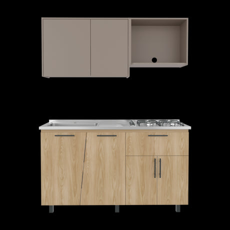 Cocina Emilia Fresno y Taupe 150x60.1cm con Mesón de Acero Inoxidable y con Pozuelo Lado Izquierdo - COCINAS | Bylmo