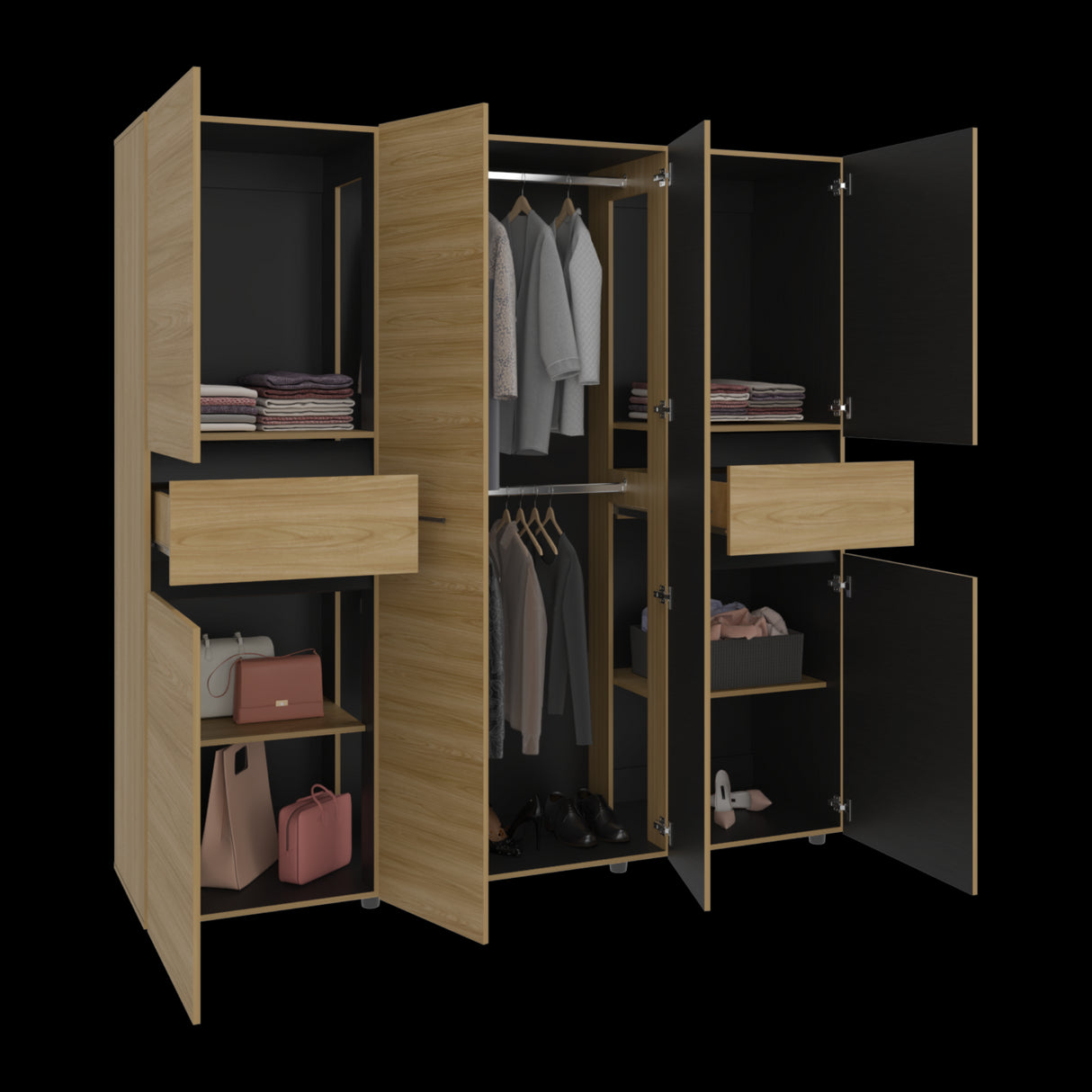 Closet Berino Fresno y Wengue 200x200cm con Diez Compartimientos y con Seis Puertas - CLOSETS | Bylmo