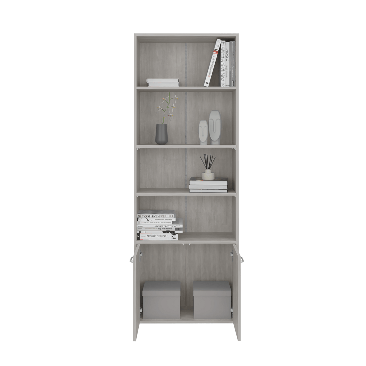Biblioteca Lisa Cemento 63x180cm Rectangular con Cinco Compartimientos y Cuatro Entrepaños - BIBLIOTECAS Y ESTANTERIAS | Bylmo