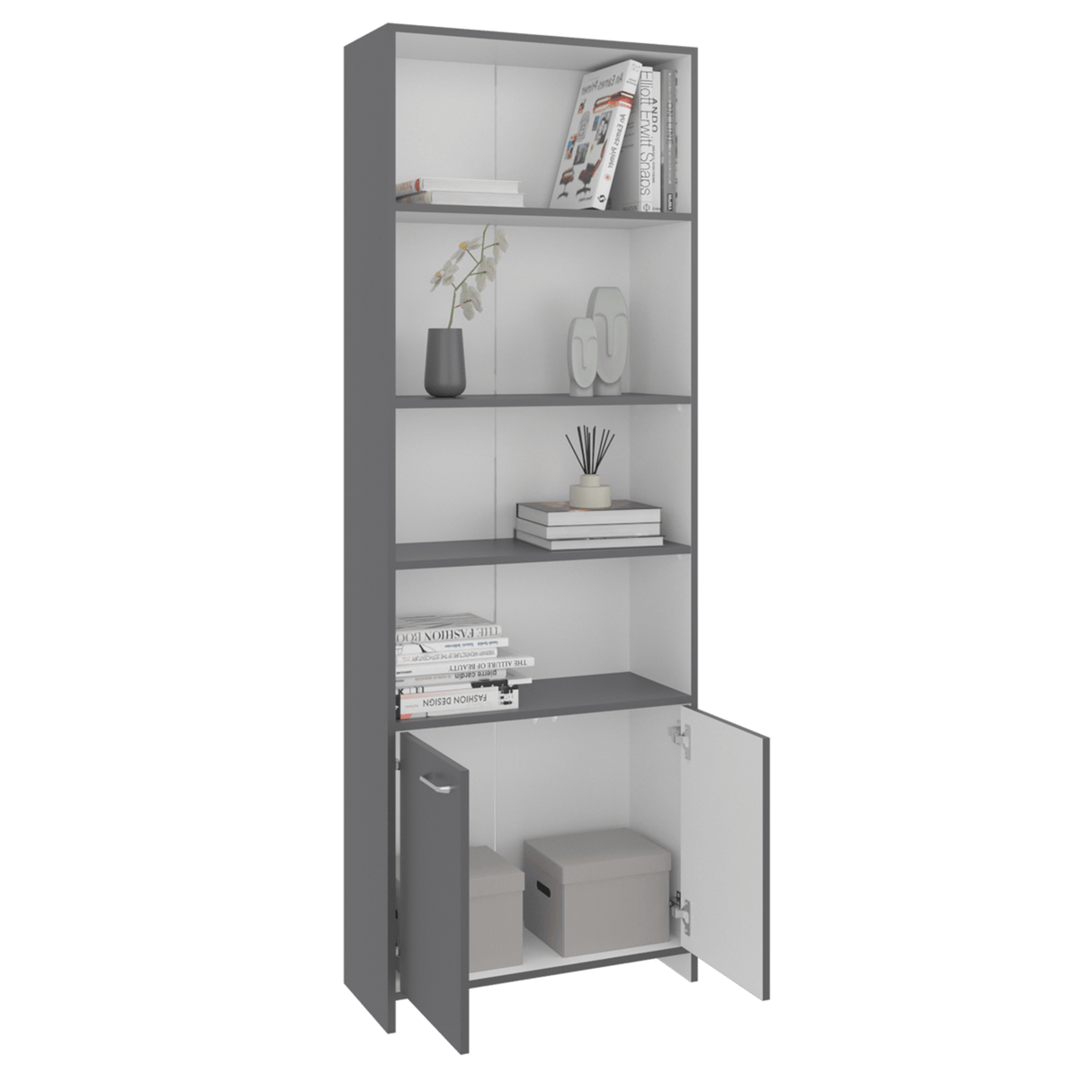 Biblioteca Lisa Plomo y Blanco 63x180cm Rectangular con Cinco Compartimientos y Cuatro Entrepaños - BIBLIOTECAS Y ESTANTERIAS | Bylmo