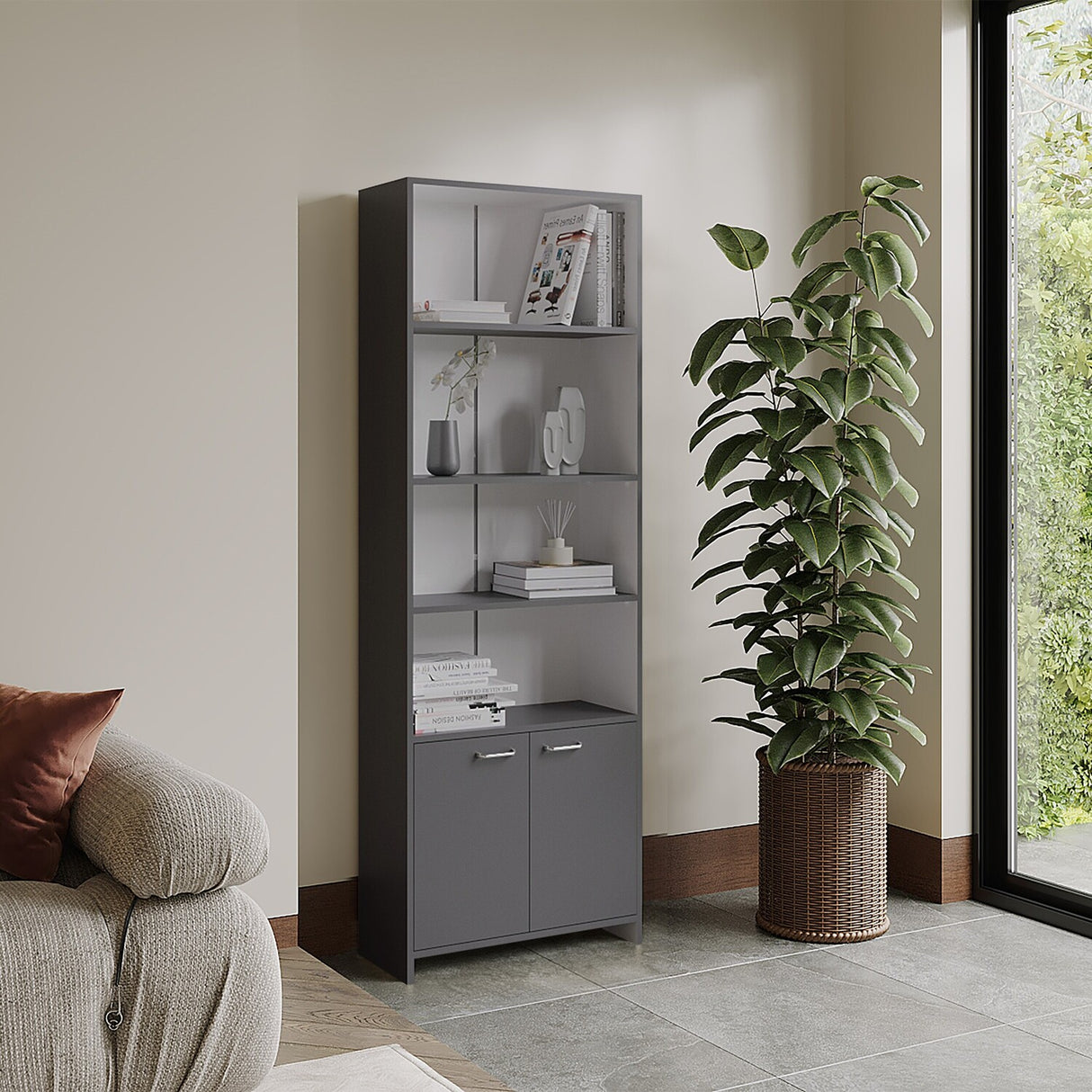 Biblioteca Lisa Plomo y Blanco 63x180cm Rectangular con Cinco Compartimientos y Cuatro Entrepaños - BIBLIOTECAS Y ESTANTERIAS | Bylmo