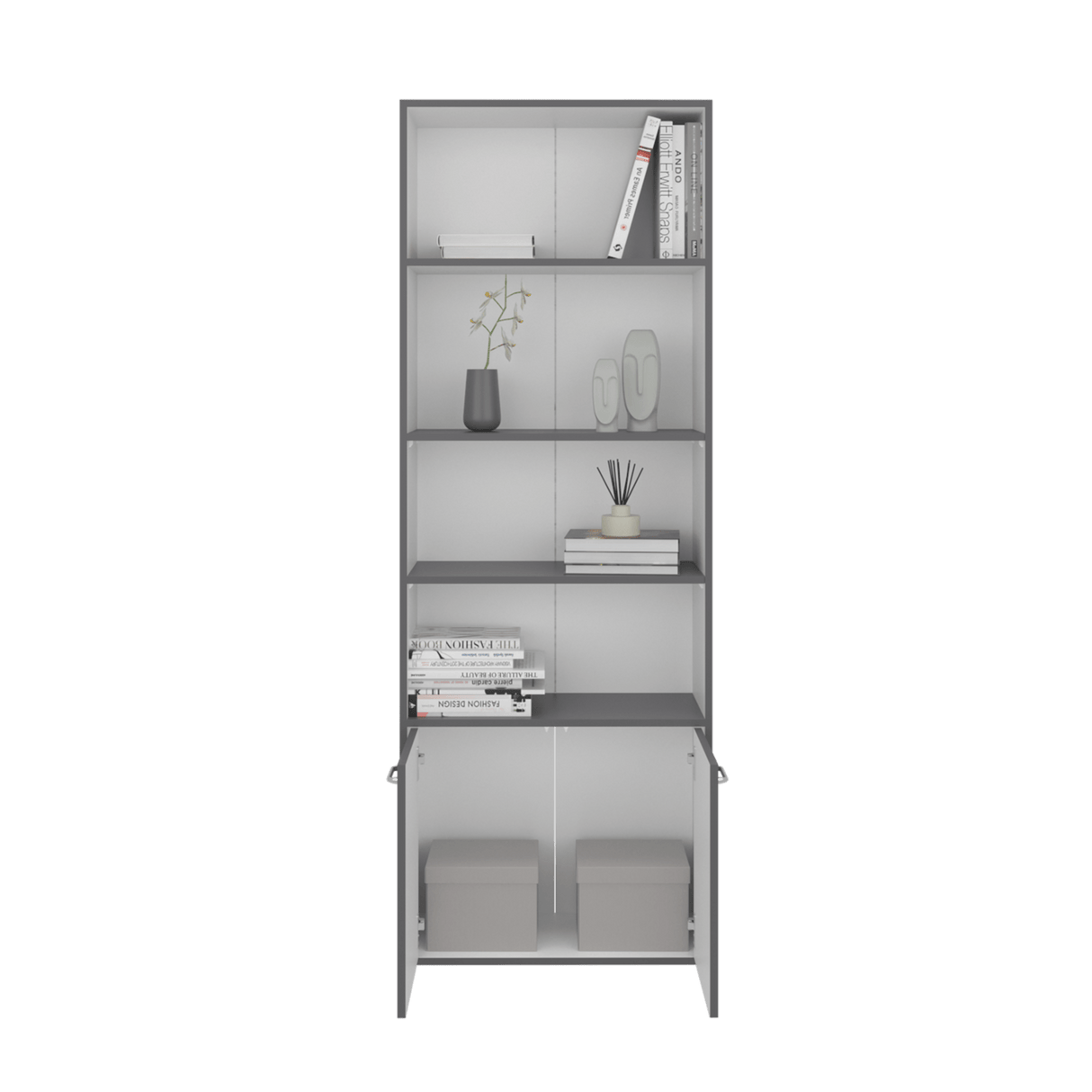Biblioteca Lisa Plomo y Blanco 63x180cm Rectangular con Cinco Compartimientos y Cuatro Entrepaños - BIBLIOTECAS Y ESTANTERIAS | Bylmo
