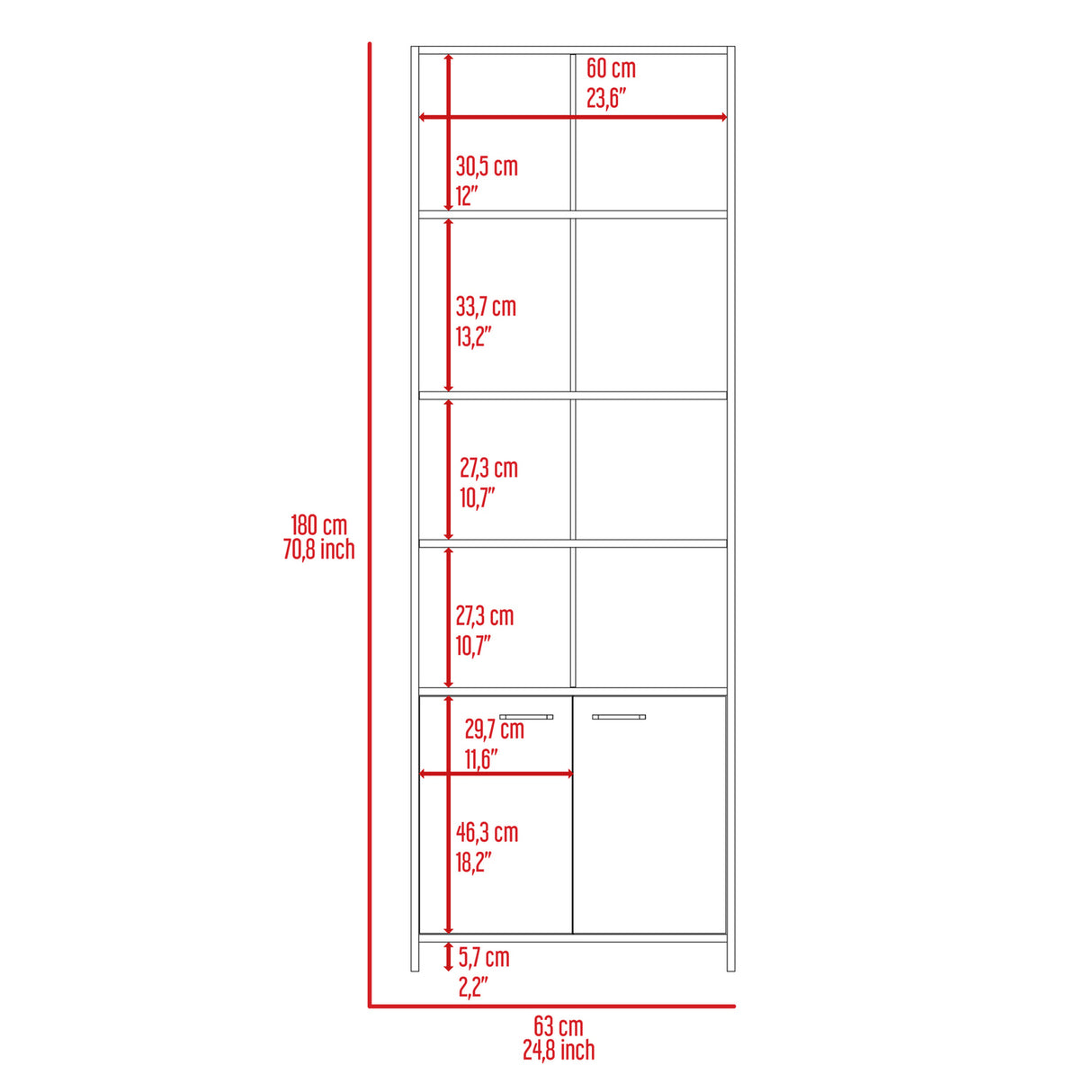Biblioteca Lisa Plomo y Blanco 63x180cm Rectangular con Cinco Compartimientos y Cuatro Entrepaños - BIBLIOTECAS Y ESTANTERIAS | Bylmo