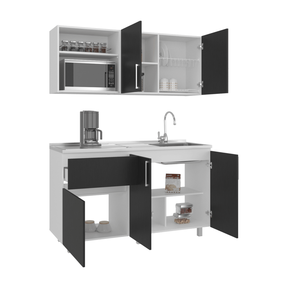 Cocina Allen Blanco y Wengue 150x60cm con Mesón de Acero Inoxidable y Pozuelo Lado Derecho - COCINAS | Bylmo