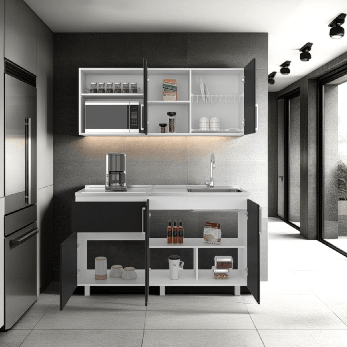 Cocina Allen Blanco y Wengue 150x60cm con Mesón de Acero Inoxidable y Pozuelo Lado Derecho - COCINAS | Bylmo