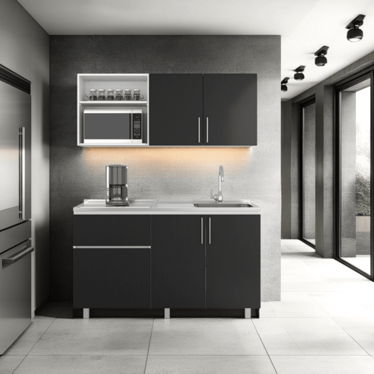 Cocina Allen Blanco y Wengue 150x60cm con Mesón de Acero Inoxidable y Pozuelo Lado Derecho - COCINAS | Bylmo