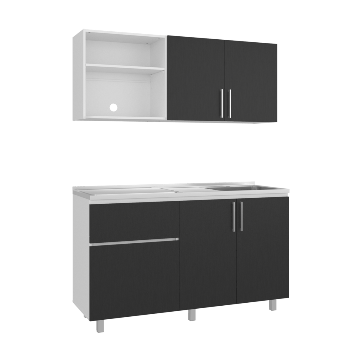 Cocina Allen Blanco y Wengue 150x60cm con Mesón de Acero Inoxidable y Pozuelo Lado Derecho - COCINAS | Bylmo