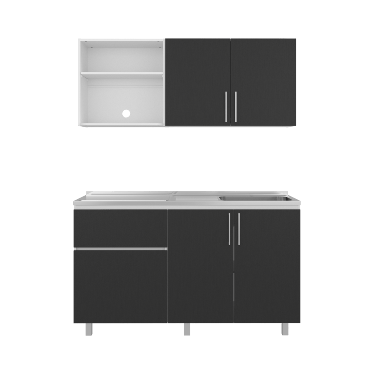 Cocina Allen Blanco y Wengue 150x60cm con Mesón de Acero Inoxidable y Pozuelo Lado Derecho - COCINAS | Bylmo