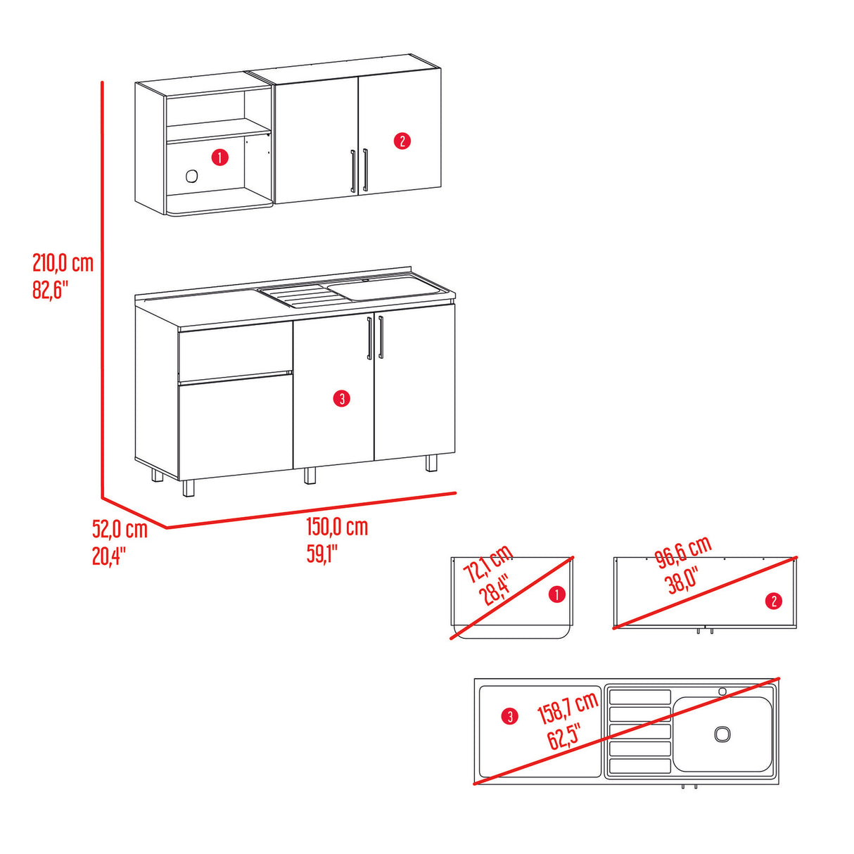 Cocina Allen Blanco y Wengue 150x60cm con Mesón de Acero Inoxidable y Pozuelo Lado Derecho - COCINAS | Bylmo