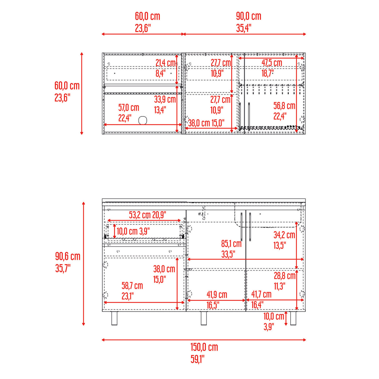 Cocina Allen Blanco y Wengue 150x60cm con Mesón de Acero Inoxidable y Pozuelo Lado Derecho - COCINAS | Bylmo