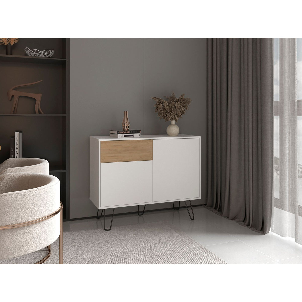 Aparador Tori Blanco y Fresno 99.2x80cm con Un Cajón y con Cinco Compartimientos - BIFES Y ARRIMOS | Bylmo