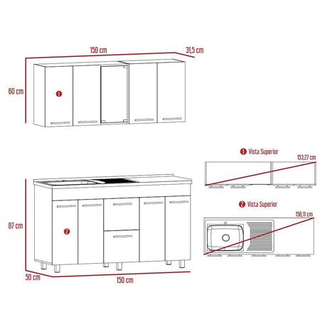Cocina Boston Blanco 150.6x91.5cm Con Mesón De Acero Inoxidable Y Con Pozuelo Lado Izquierdo - COCINAS | Bylmo