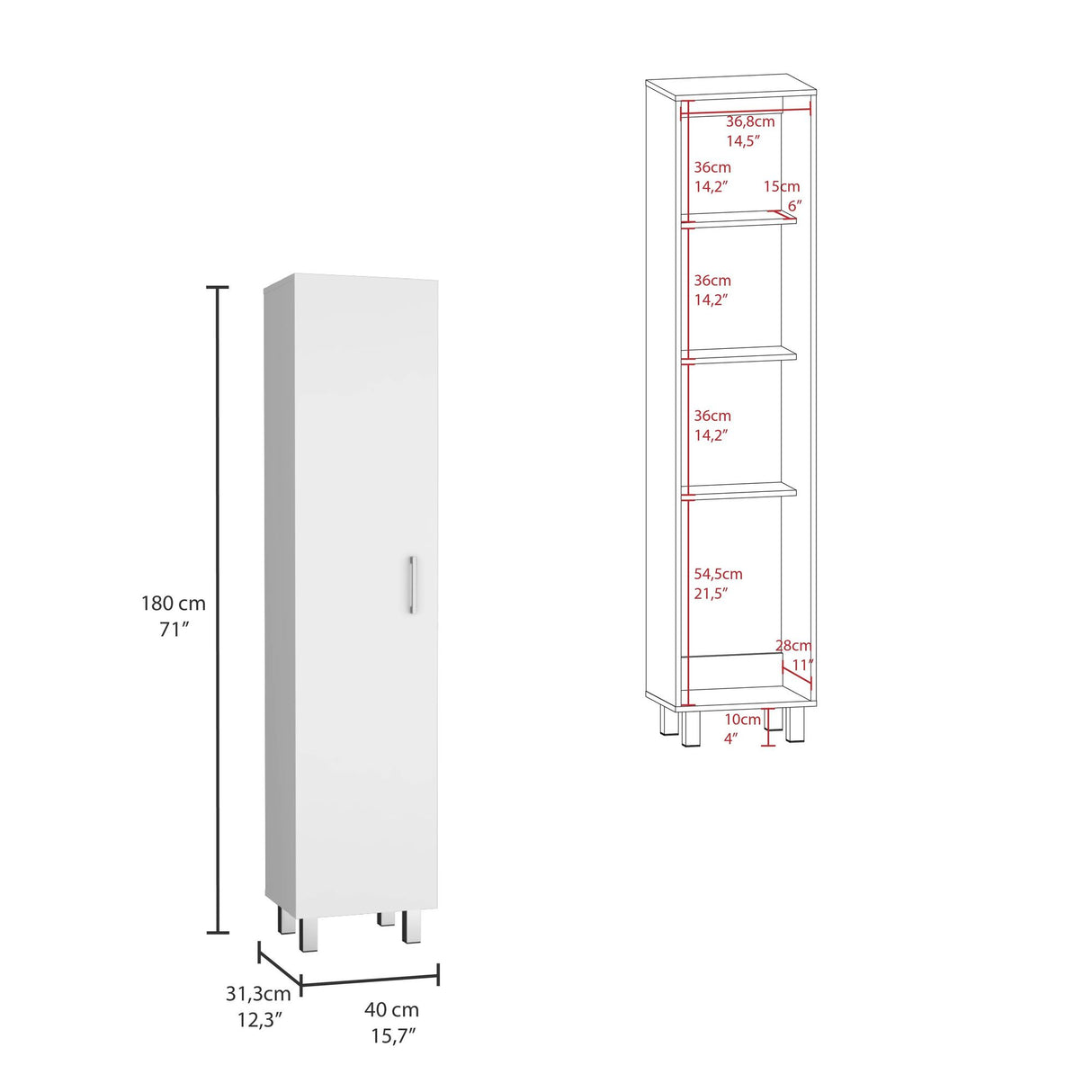Mueble para Almacenamiento Vintro Blanco 40x180cm con Una Puerta y con Patas - MUEBLES DE ASEO Y ROPAS | Bylmo