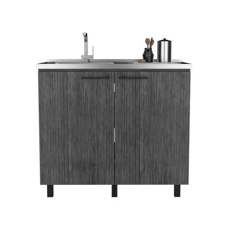 Mueble Inferior de Cocina Napoles Roble Gris 100x90cm con Mesón de Acero Inoxidable y Pozuelo Lado Izquierdo - MUEBLES INFERIORES DE COCINA | Bylmo