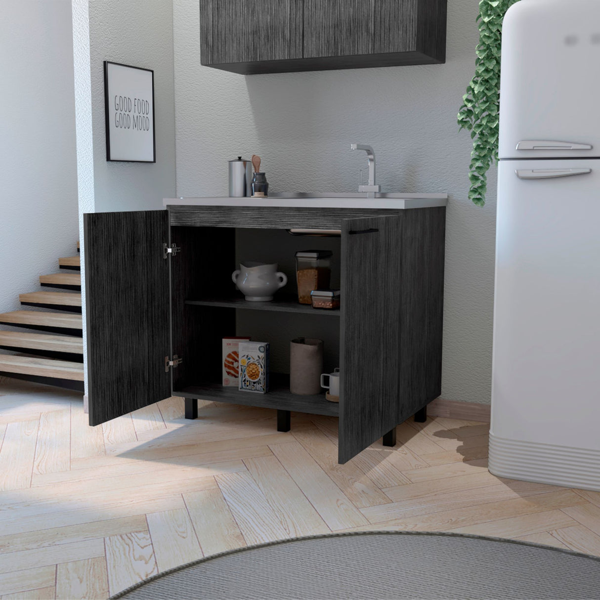Mueble Inferior de Cocina Napoles Roble Gris 100x90cm con Mesón de Acero Inoxidable y Pozuelo Lado Izquierdo - MUEBLES INFERIORES DE COCINA | Bylmo