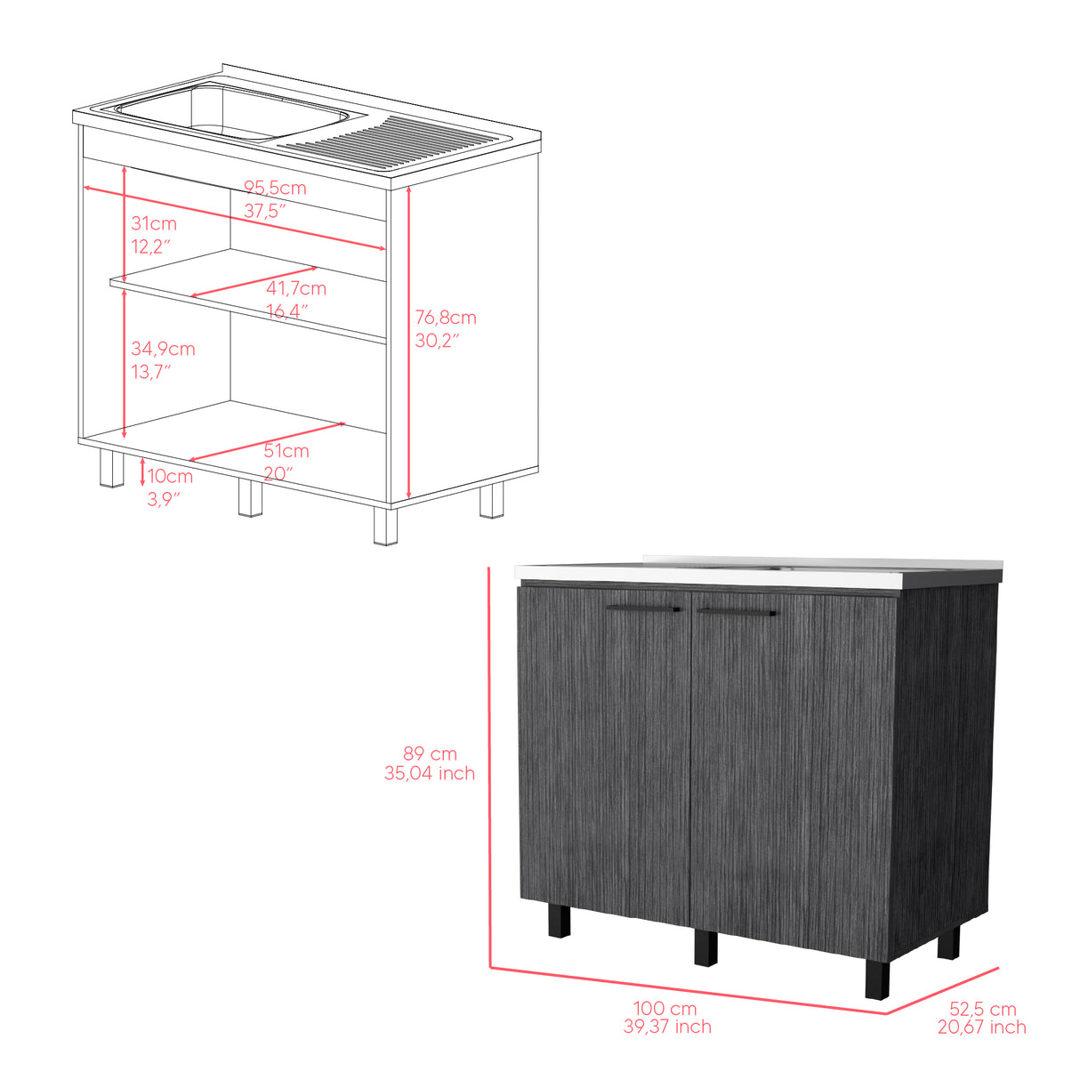 Mueble Inferior de Cocina Napoles Roble Gris 100x90cm con Mesón de Acero Inoxidable y Pozuelo Lado Izquierdo - MUEBLES INFERIORES DE COCINA | Bylmo