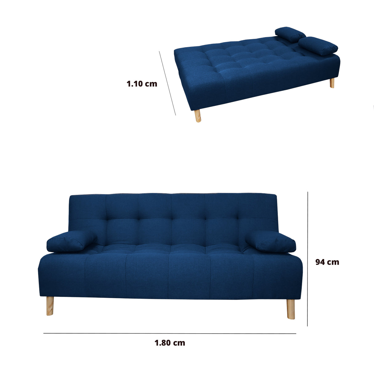 Sofá Cama Sabathy Azul Petróleo 180x40cm De Tres Puestos Reclinable Antifluido con Dos Cojines Decorativos - SOFAS Y POLTRONAS | Bylmo