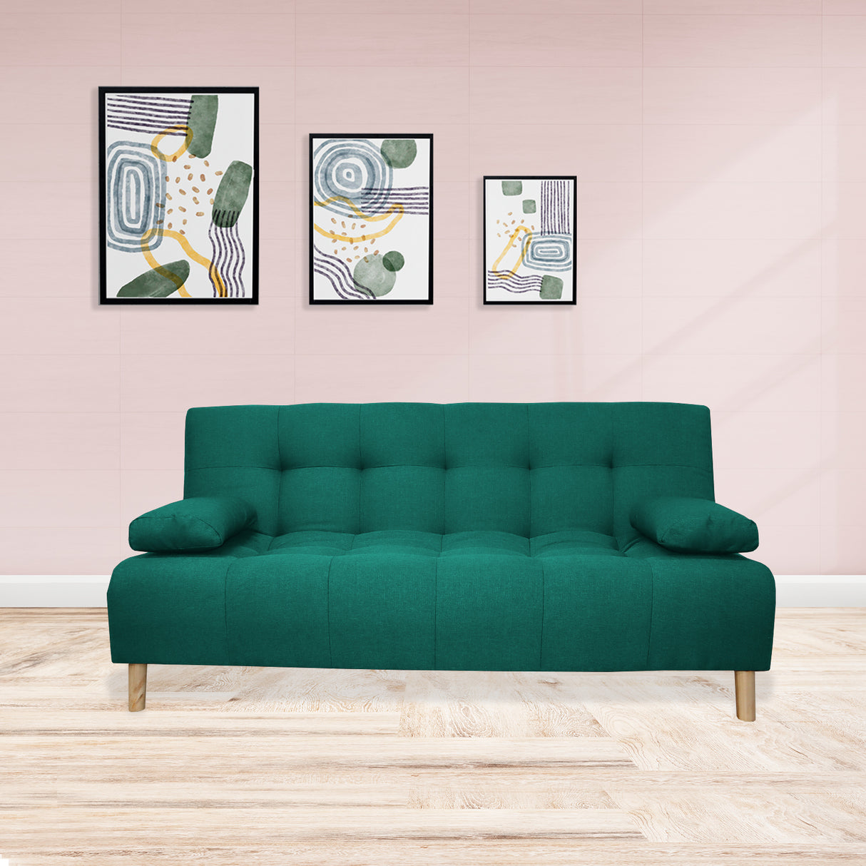 Sofá Cama Sabathy Verde 180x40cm De Tres Puestos Reclinable Antifluido con Dos Cojines Decorativos - SOFAS Y POLTRONAS | Bylmo